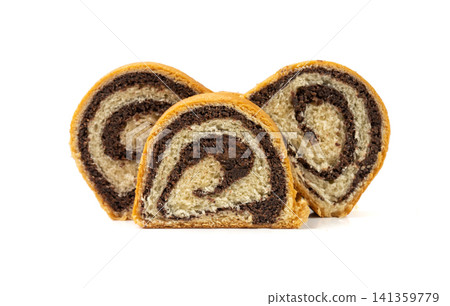 Poppy Seed Swiss Roll, Round Sponge Cake Isolated, Sliced Rolled Vanilla Biscuit with Poppy Seeds Filling Poppy Seed Swiss Roll, Round Sponge Cake Isolated, Sliced Rolled Vanilla Biscuit with Poppy Seeds Filling 141359779