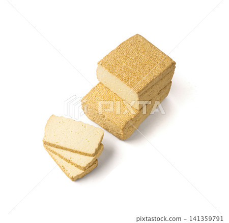 Tofu Cheese Isolated, Smoked Vegan Cheese Slice, Sliced Soya Bean Curd, Soy Protein or TSP 141359791