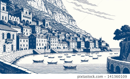Illustrated Mediterranean Coastal Village vector background Illustrated Mediterranean Coastal Village vector background 141360109