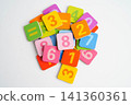 Number wood block cubes for learning Mathematic, education math concept. 141360361