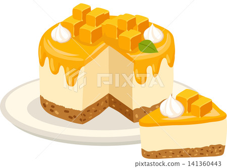 Mango cheesecake with fresh fruit cubes whipped cream and sliced portion Mango cheesecake with fresh fruit cubes whipped cream and sliced portion 141360443