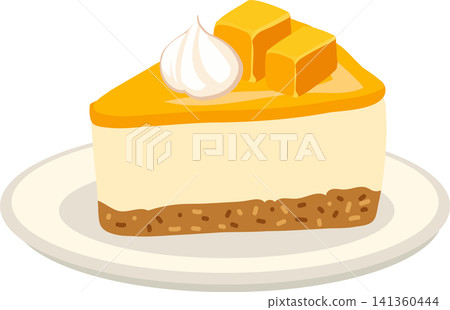 Mango cheesecake slice topped with mango cubes and whipped cream on a plate Mango cheesecake slice topped with mango cubes and whipped cream on a plate 141360444