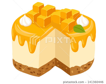 Mango Cheesecake Slice with Tropical Fruit Topping and Biscuit Crust Mango Cheesecake Slice with Tropical Fruit Topping and Biscuit Crust 141360446