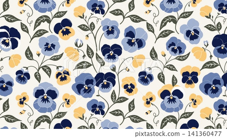 Seamless repeating floral pattern featuring elegant blue pansy flowers vector background Seamless repeating floral pattern featuring elegant blue pansy flowers vector background 141360477