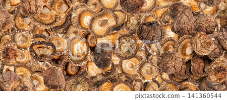 Dry Shiitake Mushrooms Pattern, Raw Shitake Pile, Healthy Organic Asian Fungi Dry Shiitake Mushrooms Pattern, Raw Shitake Pile, Healthy Organic Asian Fungi 141360544