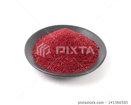 Sumac Powder Isolated, Red Sumach Ground Seasoning, Dry Sumak, Crushed Typhina Seeds Sumac Powder Isolated, Red Sumach Ground Seasoning, Dry Sumak, Crushed Typhina Seeds 141360585