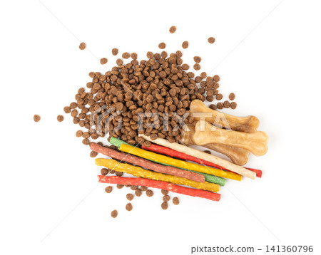 Dry pet food, dog kibble pile, puppy pellets, small canine protein croquette meal, animal food Dry pet food, dog kibble pile, puppy pellets, small canine protein croquette meal, animal food 141360796