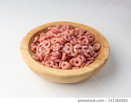 Pink Cereal Rings Isolated, Fruit Breakfast Rice Loops Pink Cereal Rings Isolated, Fruit Breakfast Rice Loops 141360892