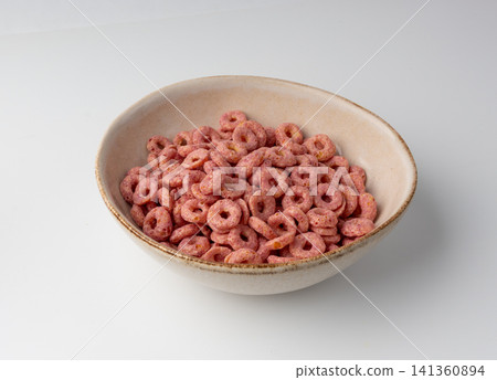 Pink Cereal Rings Isolated, Fruit Breakfast Rice Loops Pink Cereal Rings Isolated, Fruit Breakfast Rice Loops 141360894