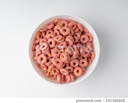 Pink Cereal Rings Isolated, Fruit Breakfast Rice Loops Pink Cereal Rings Isolated, Fruit Breakfast Rice Loops 141360898