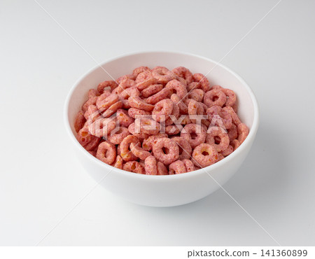 Pink Cereal Rings Isolated, Fruit Breakfast Rice Loops Pink Cereal Rings Isolated, Fruit Breakfast Rice Loops 141360899