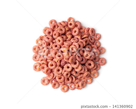 Pink Cereal Rings Isolated, Fruit Breakfast Rice Loops Pink Cereal Rings Isolated, Fruit Breakfast Rice Loops 141360902
