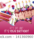 Happy birthday party invitation card featuring delicious cake slice, raspberries, blueberries and burning candles. Perfect for social media posts and bakery menu design. 141360960