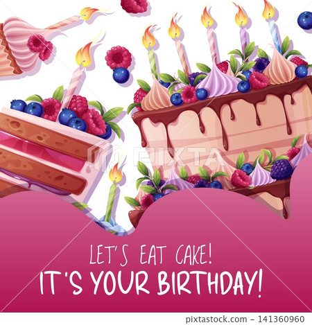 Happy birthday party invitation card featuring delicious cake slice, raspberries, blueberries and burning candles. Perfect for social media posts and bakery menu design. Happy birthday party invitation card featuring delicious cake slice, raspberries, blueberries and burning candles. Perfect for social media posts and bakery menu design. 141360960
