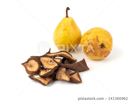 Dry pear slices isolated, dried apple chips, healthy fruit snack 141360962