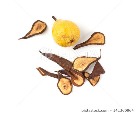 Dry pear slices isolated, dried apple chips, healthy fruit snack 141360964