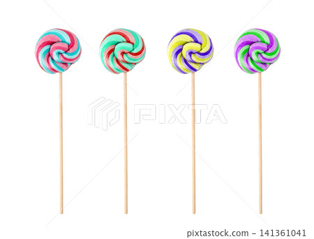 Color lollipop, spiral candy on stick, colorful striped lollypop, round fruit caramel, circle lollipop 141361041
