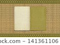 An old Japanese-style bound book and a background of rush grass tatami mats with borders. 141361106