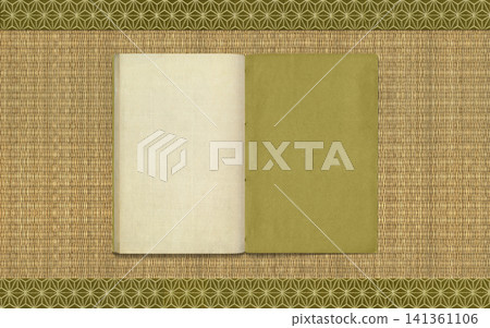 一本古老的日式裝訂書籍,背景是帶有邊框的燈芯草榻榻米。 一本古老的日式裝訂書籍,背景是帶有邊框的燈芯草榻榻米。 141361106