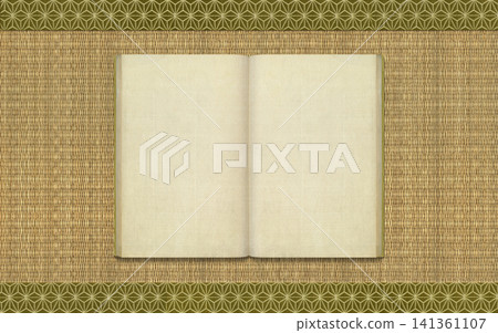 一本古老的日式裝訂書籍,背景是帶有邊框的燈芯草榻榻米。 一本古老的日式裝訂書籍,背景是帶有邊框的燈芯草榻榻米。 141361107