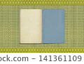 An old Japanese-style bound book and a background of rush grass tatami mats with borders. 141361109