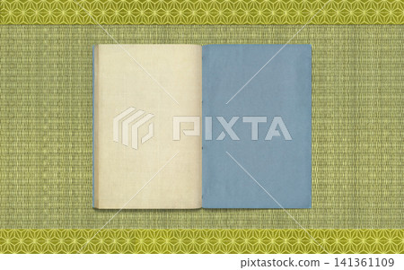 一本古老的日式裝訂書籍,背景是帶有邊框的燈芯草榻榻米。 一本古老的日式裝訂書籍,背景是帶有邊框的燈芯草榻榻米。 141361109