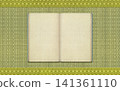 An old Japanese-style bound book and a background of rush grass tatami mats with borders. 141361110