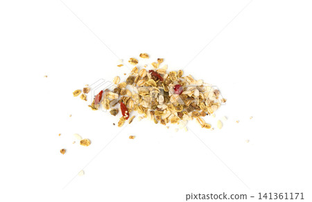 Muesli isolated. Crunchy granola with cereal mix, oat flakes, dry fruits, berries and fiber Muesli isolated. Crunchy granola with cereal mix, oat flakes, dry fruits, berries and fiber 141361171