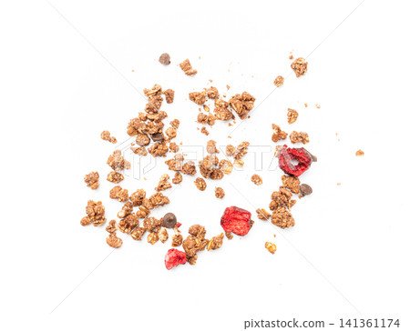Chocolate Brownie Granola Pile Isolated, Cocoa Muesli, Crunchy Cereals, Oatmeal with Dried Cherries 141361174