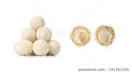 Coconut candies isolated, coco balls set. White truffle ball, indian ladoo or laddu with sweet cream Coconut candies isolated, coco balls set. White truffle ball, indian ladoo or laddu with sweet cream 141361226