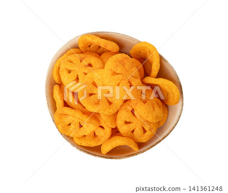 Corn puff snack isolated, crunchy cereal nosh, crispy yellow rice breakfast with paprika 141361248