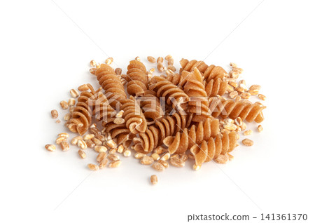 Raw Brown Pasta, Wholegrain Fusilli, Dry Whole Grain Noodle, Raw Spelt Macaroni, Healthy Italy Food 141361370