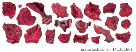 Dry beetroot chips isolated, dried sliced red beet flakes pile, beet root pieces and chips Dry beetroot chips isolated, dried sliced red beet flakes pile, beet root pieces and chips 141361601