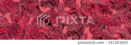 Dry beetroot chips pattern, dried sliced red beet flakes Dry beetroot chips pattern, dried sliced red beet flakes 141361603