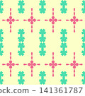 Pastel Seamless Geometric Pattern with Pink Flowers and Teal Abstract Shapes on Pale Yellow Background 141361787