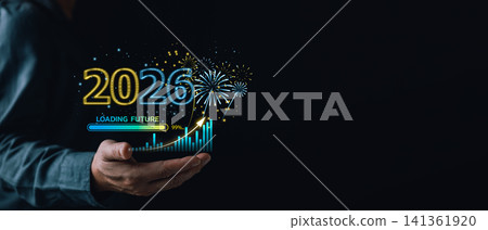 2026 New Year celebration business growth concept. Hand holding virtual chart, fireworks, loading future bar. Financial success strategy and digital planning on dark background. 2026 New Year celebration business growth concept. Hand holding virtual chart, fireworks, loading future bar. Financial success strategy and digital planning on dark background. 141361920