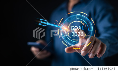 Businessman touching virtual target Goal 2026 interface. Concept of future business strategy growth, digital transformation, planning achievement, and financial success for new year. Businessman touching virtual target Goal 2026 interface. Concept of future business strategy growth, digital transformation, planning achievement, and financial success for new year. 141361921