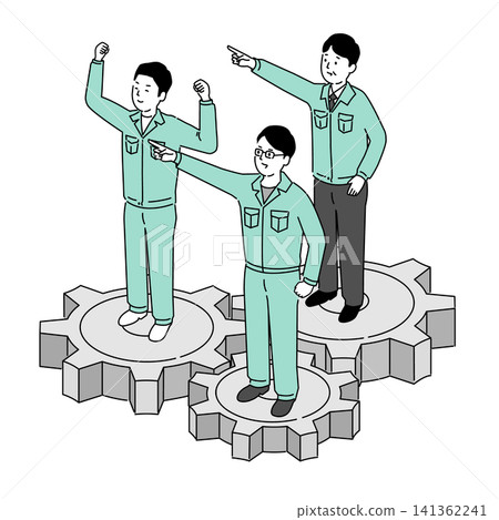 一幅齒輪嚙合的插圖,以及一群男工合作工作的場景。 一幅齒輪嚙合的插圖,以及一群男工合作工作的場景。 141362241