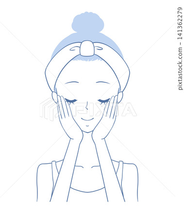 Illustration of a smiling woman doing skincare. Illustration of a smiling woman doing skincare. 141362279