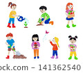 A set of hand-drawn illustrations of children enjoying gardening. 141362540