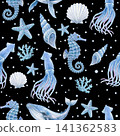 Pastel Blue Watercolor Sea Life and Shells Seamless Pattern 141362583