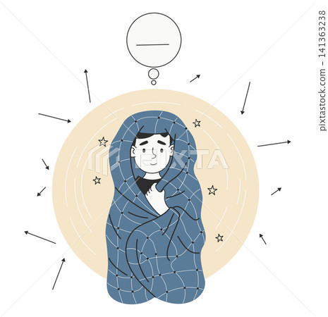 Neurodiversity. Safe Space Concept. Person Wrapped in Blanket with Protective Shield. Sensory Regulation and Personal Boundaries. Self-care and Recovery. Vector Illustration. Neurodiversity. Safe Space Concept. Person Wrapped in Blanket with Protective Shield. Sensory Regulation and Personal Boundaries. Self-care and Recovery. Vector Illustration. 141363238