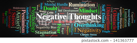 Negative Thoughts Word Cloud. A Visual Representation of Negativity Bias, Self Doubt, Rumination, and Restrictive Psychological Frameworks Demolishing Individual Motivation and Growth. Negative Thoughts Word Cloud. A Visual Representation of Negativity Bias, Self Doubt, Rumination, and Restrictive Psychological Frameworks Demolishing Individual Motivation and Growth. 141363777