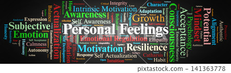 Personal Feelings Word Cloud. A Visual Representation of Subjective Emotions, Emotional Intelligence, Self Acceptance, and Internal Frameworks Influencing Motivation and Mindset Evolution. Personal Feelings Word Cloud. A Visual Representation of Subjective Emotions, Emotional Intelligence, Self Acceptance, and Internal Frameworks Influencing Motivation and Mindset Evolution. 141363778