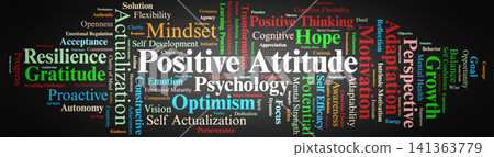 Positive Attitude Word Cloud. A Visual Breakdown of Cognitive Reframing Optimism Gratitude and Psychological Frameworks Empowering Emotional Resilience and Intrinsic Motivation. 141363779