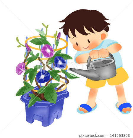 男孩給牽牛花澆水的插圖。 男孩給牽牛花澆水的插圖。 141363808