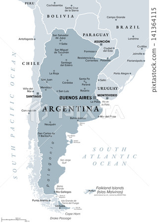 Argentina, gray political map, with capital Buenos Aires, largest cities and the claimed Falkland Islands (Islas Malvinas). Argentine Republic, a country in the Southern Cone of South America. Vector Argentina, gray political map, with capital Buenos Aires, largest cities and the claimed Falkland Islands (Islas Malvinas). Argentine Republic, a country in the Southern Cone of South America. Vector 141364115