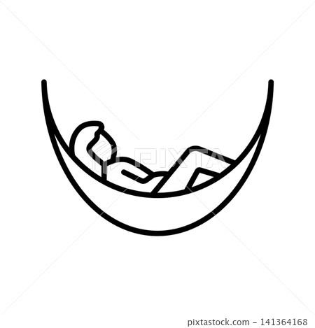 An outline icon showing a person lounging peacefully on a suspended hammock. Illustrates leisure time, taking a break, self-care, vacations, mental unplugging, and optimal relaxation. An outline icon showing a person lounging peacefully on a suspended hammock. Illustrates leisure time, taking a break, self-care, vacations, mental unplugging, and optimal relaxation. 141364168