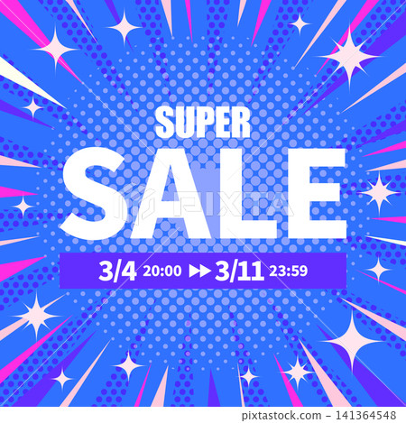 A square date and time can be replaced with a sales announcement banner featuring focus lines, halftones, and glitter effects (blue-purple). A square date and time can be replaced with a sales announcement banner featuring focus lines, halftones, and glitter effects (blue-purple). 141364548