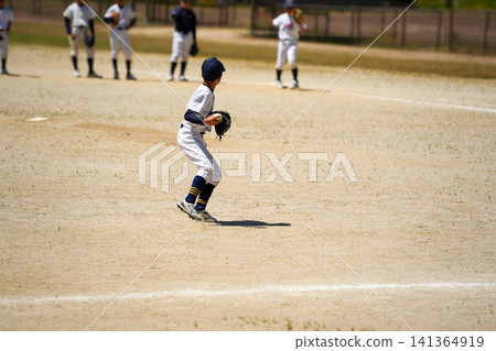 A scene from a youth baseball practice: throwing the ball. 141364919